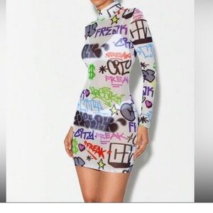 FREAK CITY Mock Neck Letter Graphic Sheer Mesh Dress size XS new